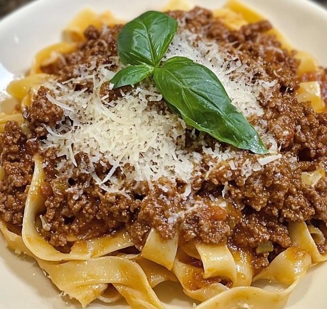 Assiette de tagliatelles en sauce Bolognese crémeuse, garnie de parmesan et de basilic