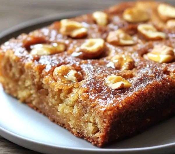  Gâteau express aux noix, moelleux et doré, servi sur une assiette avec des éclats de noix