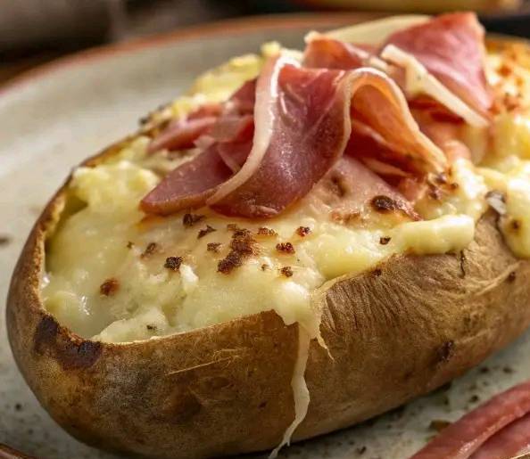  Pommes de terre farcies au fromage à raclette, dorées et fondantes, servies avec du jambon cru et des cornichons