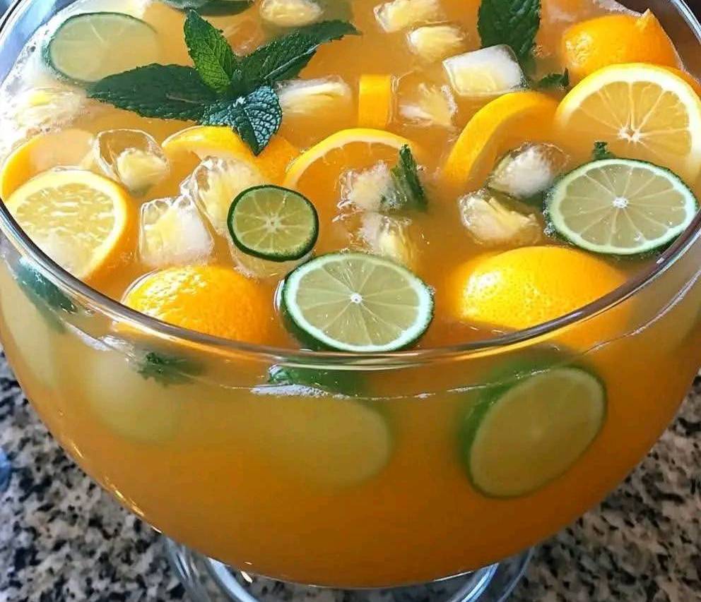 Verres de punch tropical à l’ananas et à la limonade, garnis de tranches d’agrumes et de feuilles de menthe