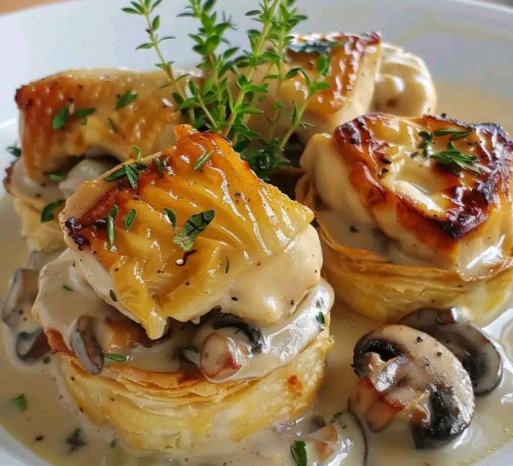 Vol-au-vent dorés garnis d’une sauce onctueuse au poulet et champignons, décorés de persil frais.