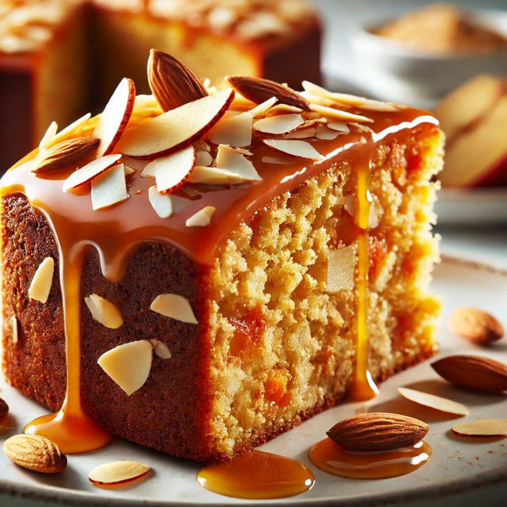 Torta de avena y zanahorias, decorada con nueces y servida sobre una tabla de madera.