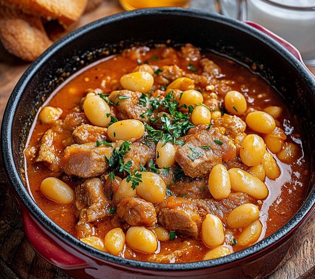 Un plat de ragoût de haricots blancs et viande fondante, servi chaud dans une assiette avec du pain grillé