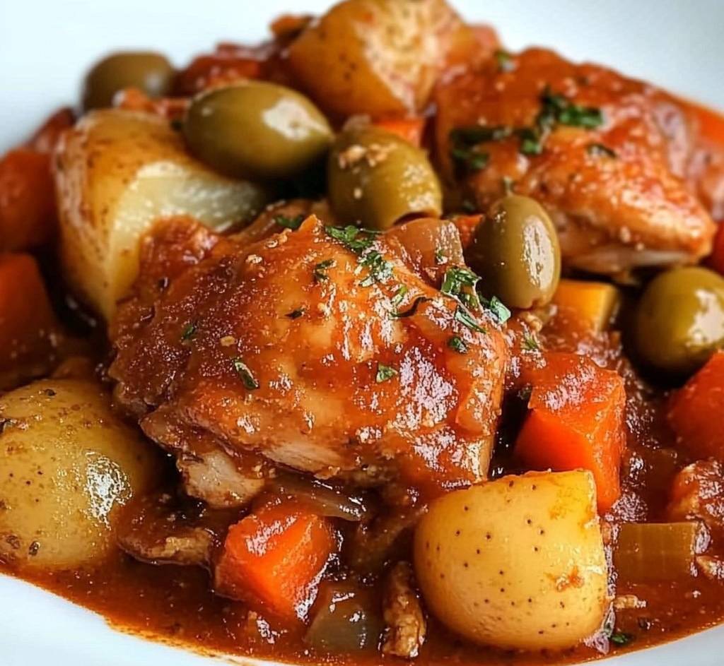 Poulet à la catalane dans une cocotte, avec des poivrons, des olives et des pommes de terre, nappé d’une sauce tomate parfumée