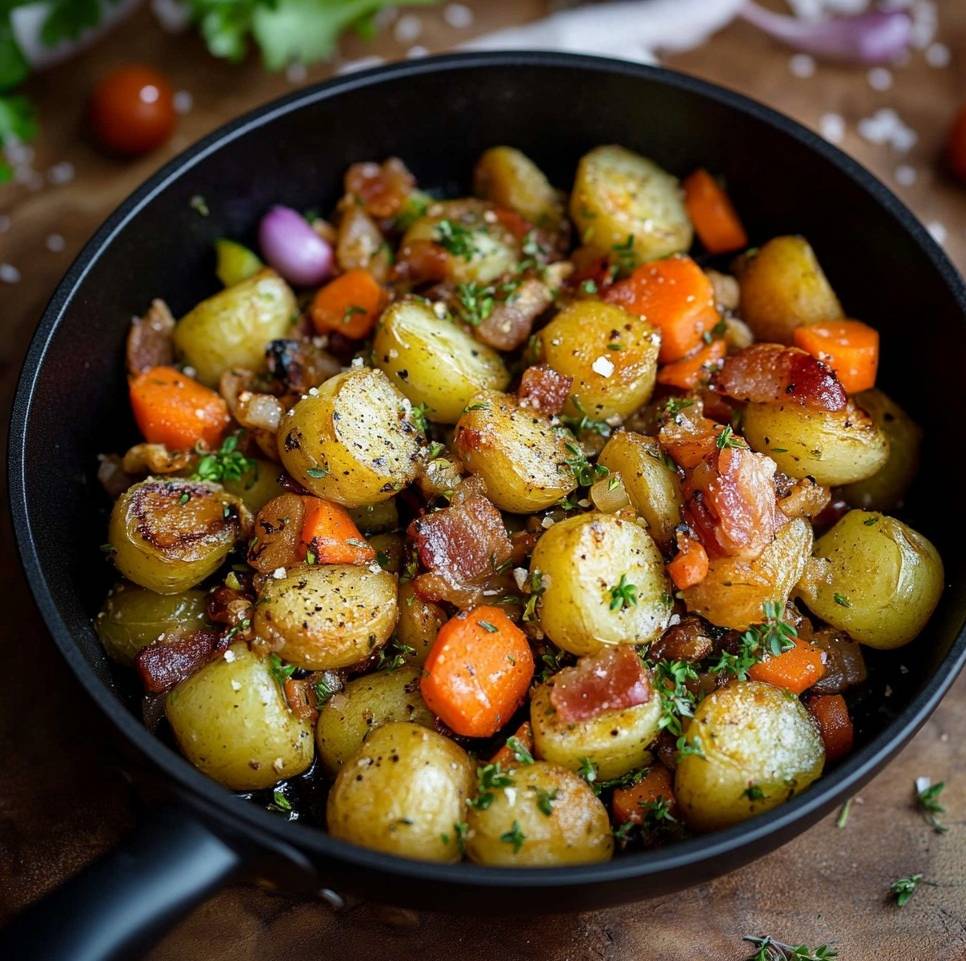 Poêlée de pommes de terre dorées avec des lardons croustillants et des carottes fondantes, servie dans une assiette avec du persil frais