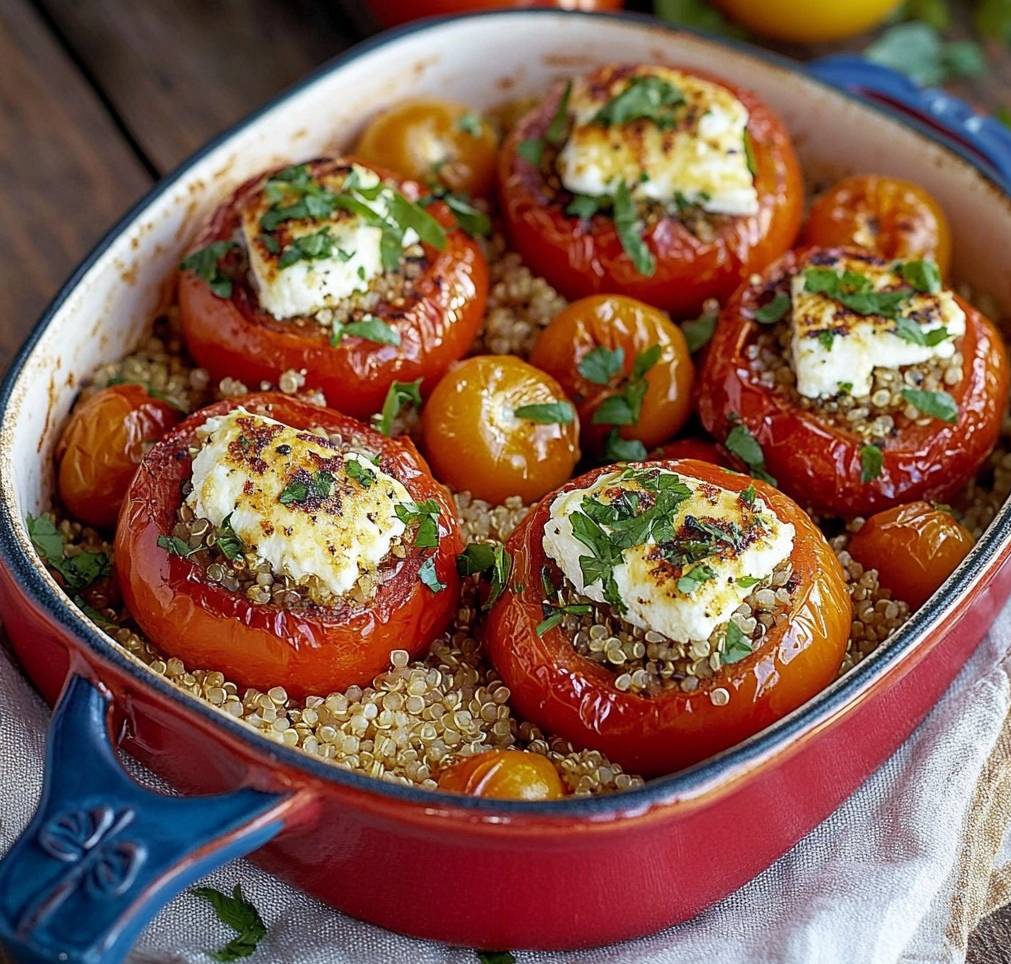 Tomates farcies au quinoa et feta gratinées, servies sur un plat avec des tomates cerises rôties et du persil frais