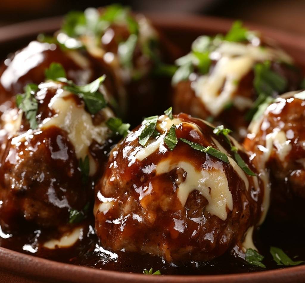 Boulettes de viande nappées d’une sauce brune onctueuse, servies avec une purée de pommes de terre et du persil frais