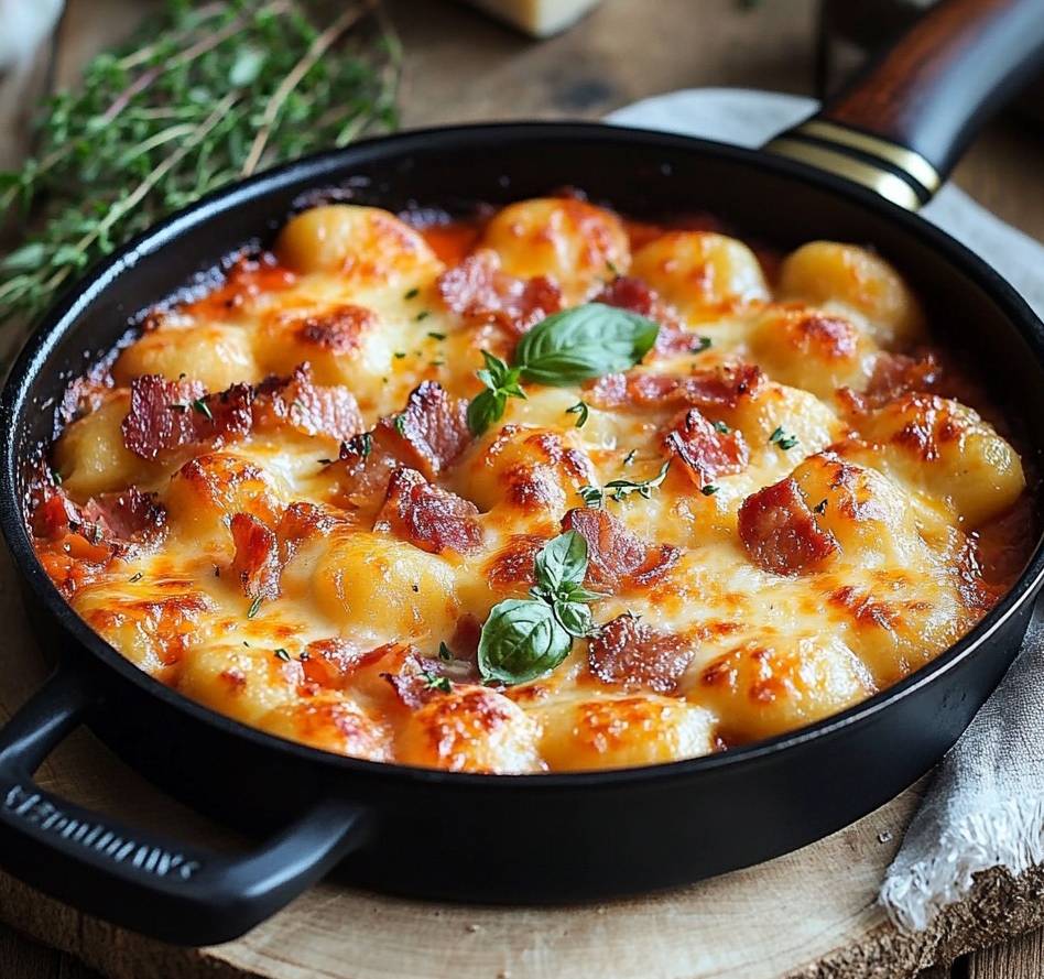 Gratin de gnocchis au fromage, doré et croustillant, avec du bacon et une sauce tomate onctueuse, servi dans un plat à gratin