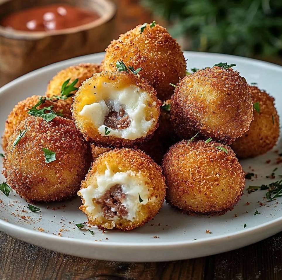 Croquettes de pommes de terre dorées, croustillantes à l’extérieur et fondantes à l’intérieur, servies avec une sauce tomate