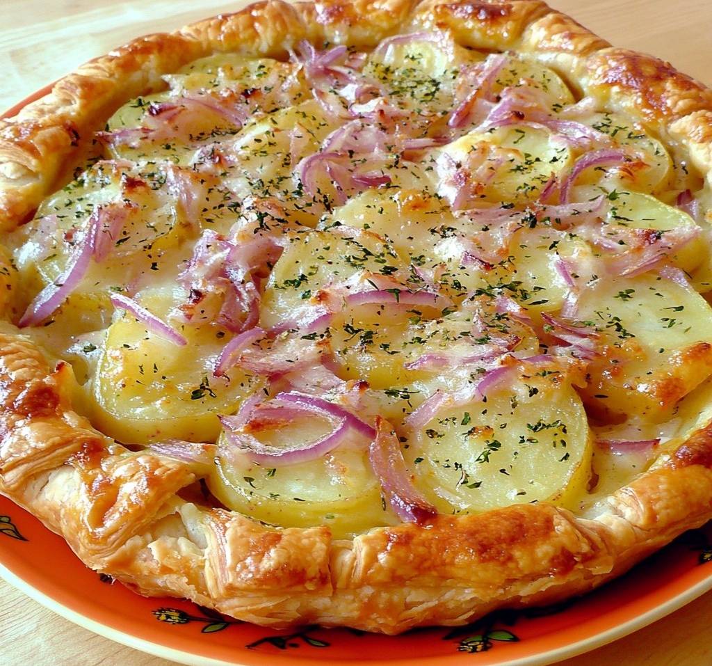 Tarte feuilletée aux pommes de terre et oignons dorée et croustillante, servie avec du persil frais et du fromage gratiné