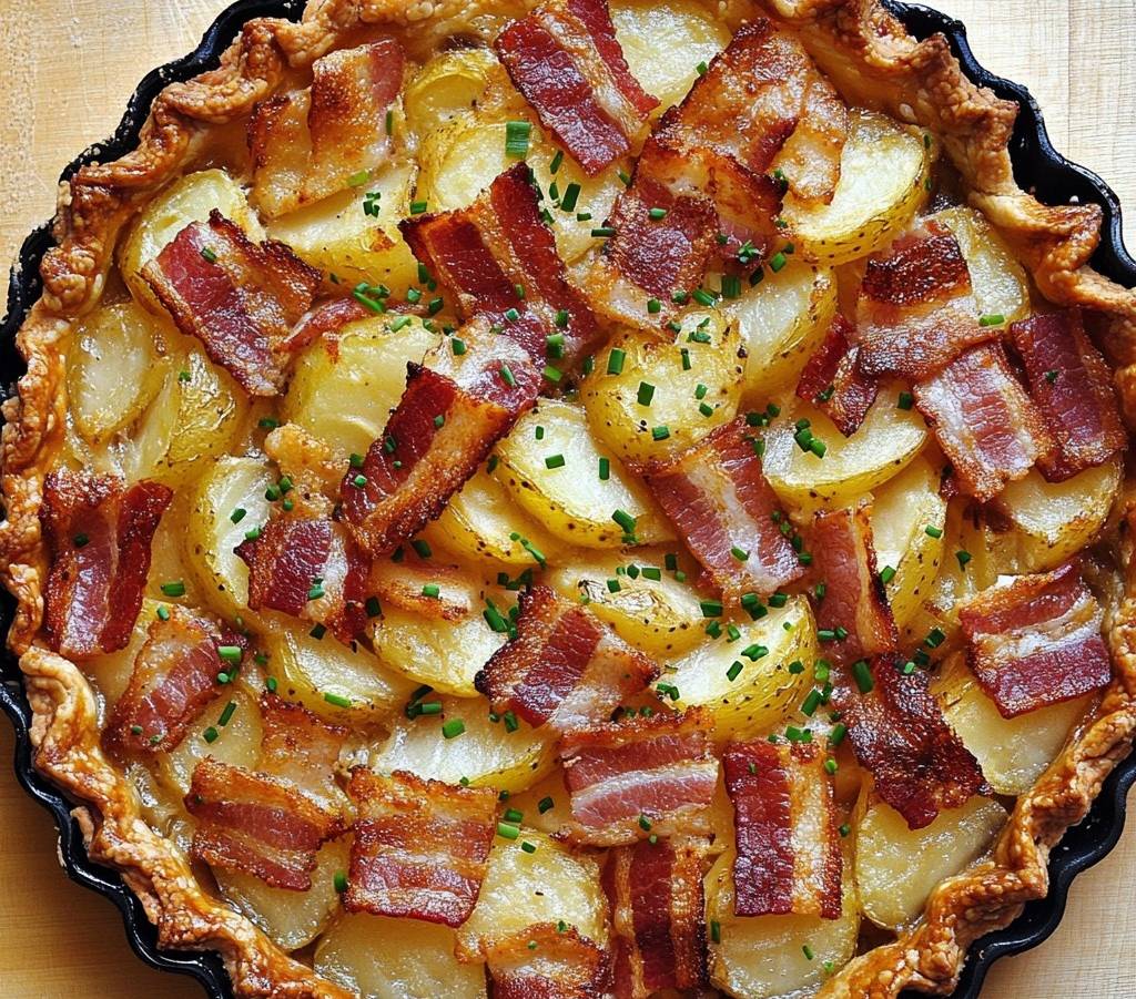 Tarte salée aux pommes de terre et bacon, dorée et croustillante, servie avec de la ciboulette fraîche