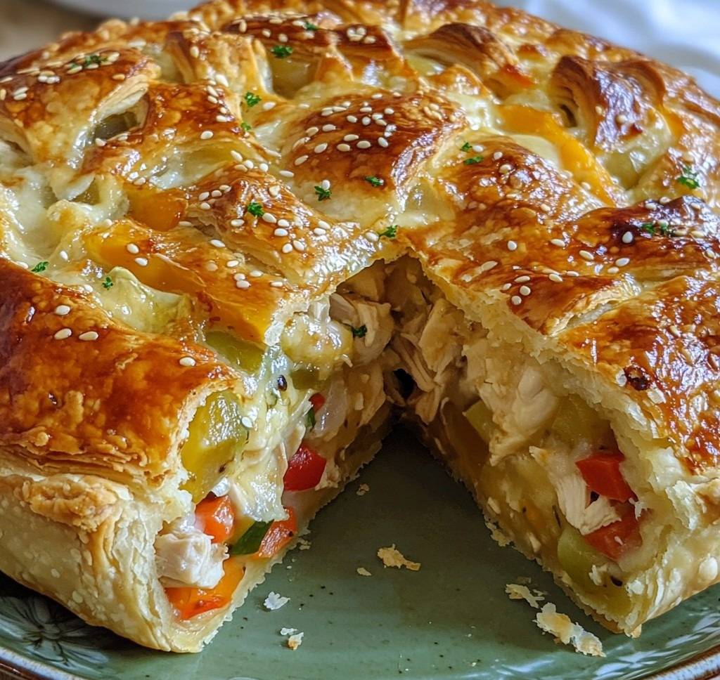 Tarte feuilletée au poulet et légumes, dorée et croustillante, garnie de fromage fondant et servie avec une salade fraîche