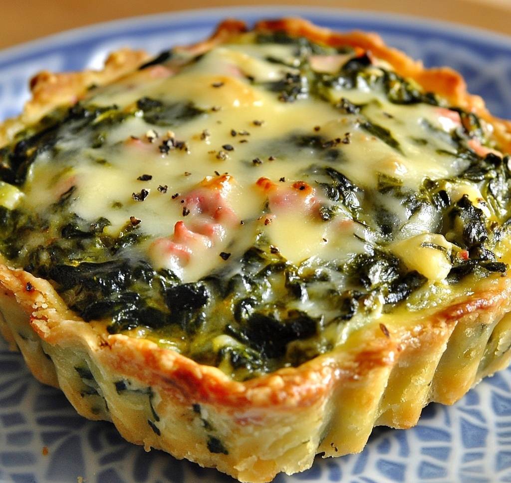 Tartelettes croustillantes aux épinards et fromage fondant, servies avec une salade verte.