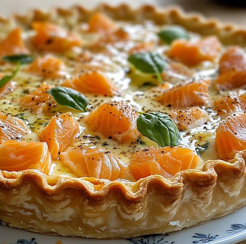 Tarte salée au saumon et épinards dorée et fondante, servie avec une salade fraîche.