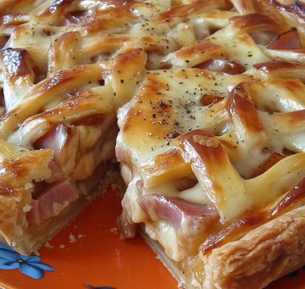 Tarte salée au jambon et fromage dorée et fondante, servie avec une salade fraîche