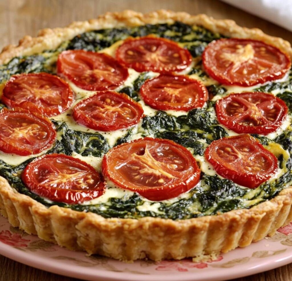 Tarte aux épinards et tomates rôties, dorée et fondante, garnie de fromage de chèvre et d’herbes aromatiques