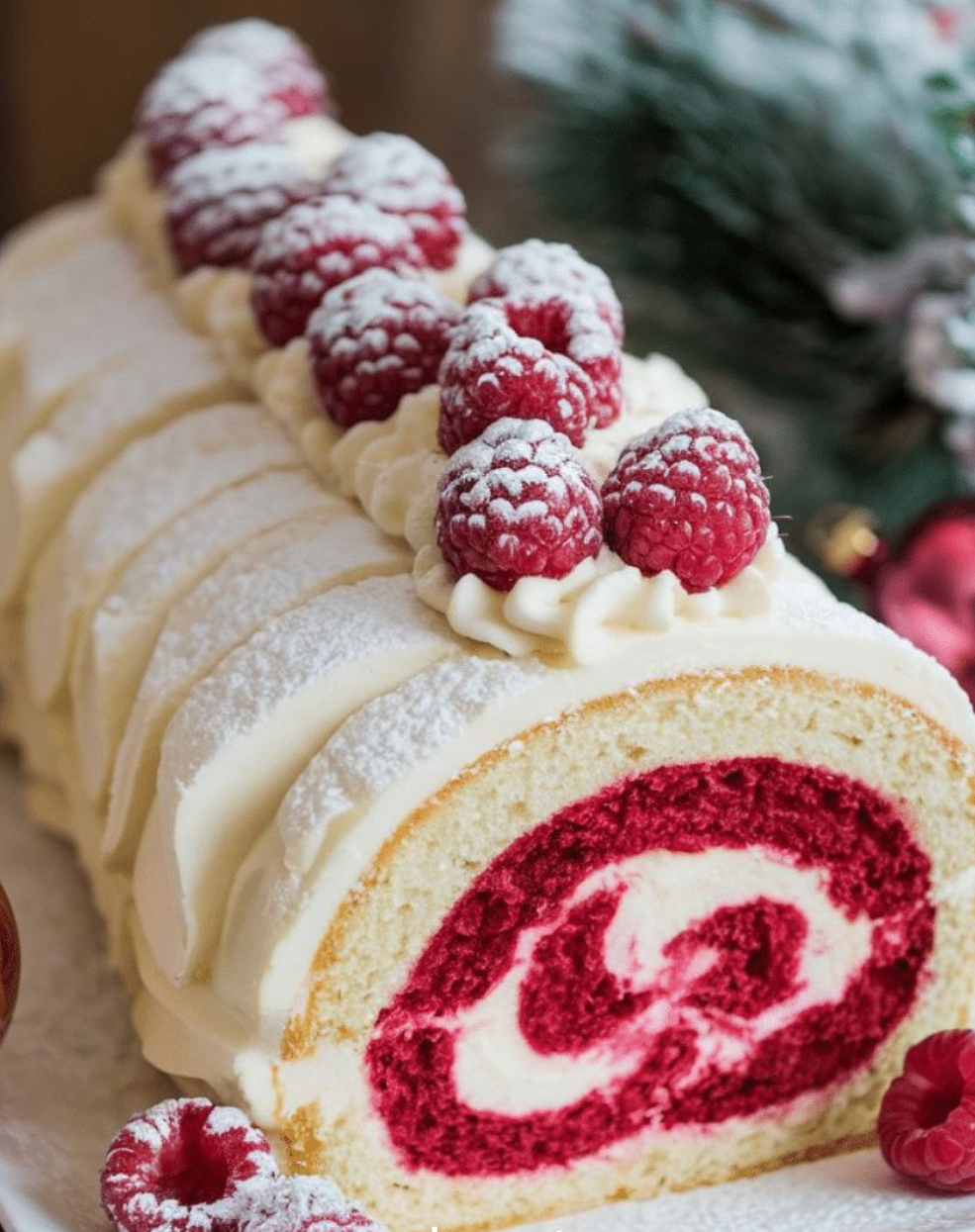 Bûche de Noël framboise roulée garnie de crème mascarpone