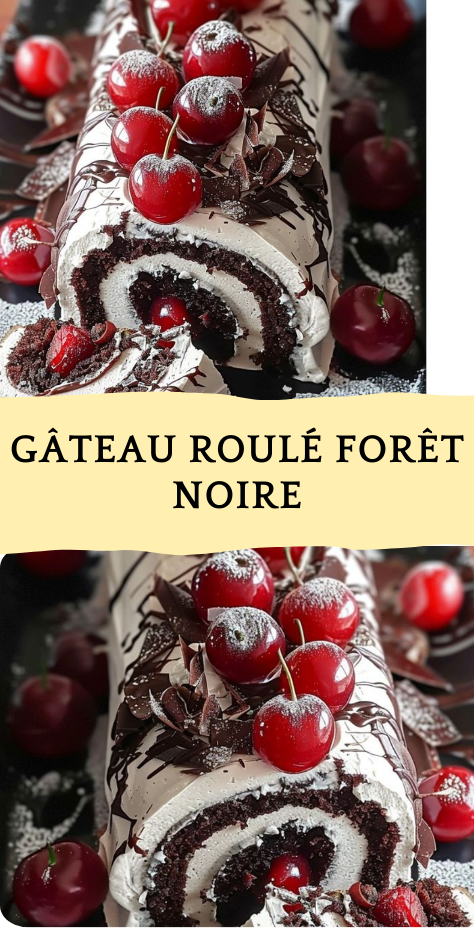 Gâteau roulé Forêt Noire au chocolat garni de crème et de cerises