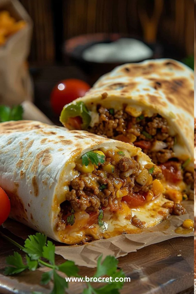 Burrito au bœuf et au fromage maison avec tortilla dorée