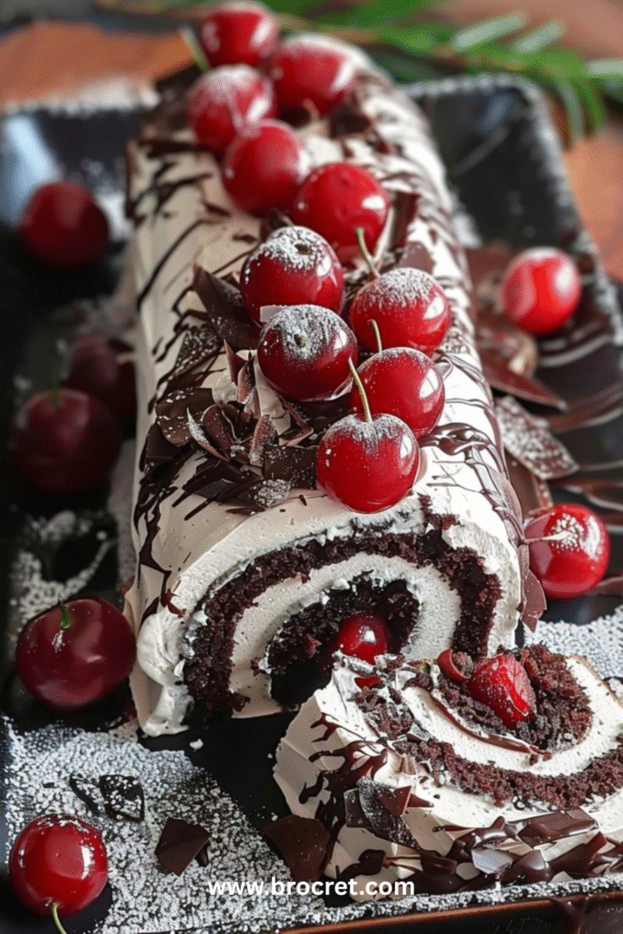 Gâteau roulé Forêt Noire au chocolat garni de crème et de cerises
