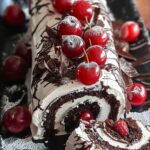 Gâteau roulé Forêt Noire au chocolat garni de crème et de cerises
