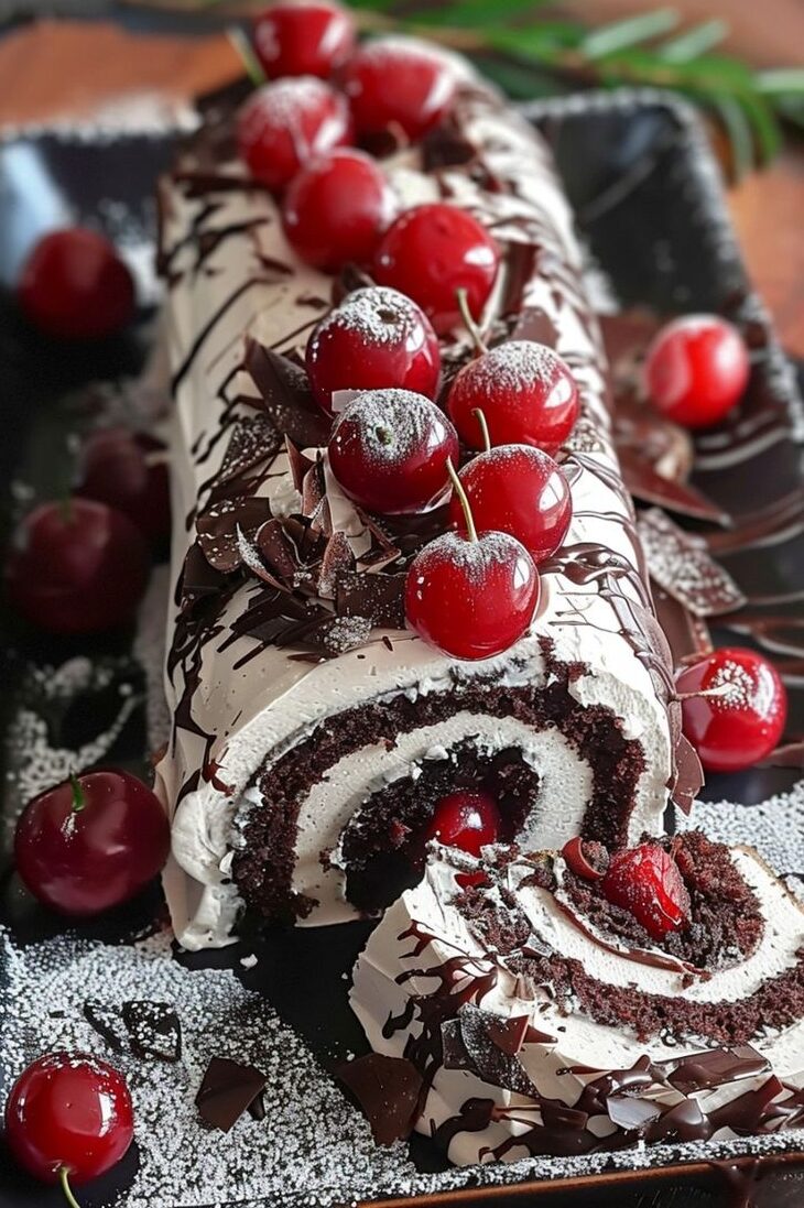 Gâteau roulé Forêt Noire au chocolat garni de crème et de cerises